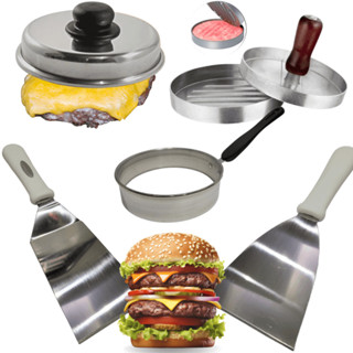 Kit Hamburgueria Completo Modelador de Hambúrguer Molde Ovo Espátulas Curva Reta Inox Tamp...