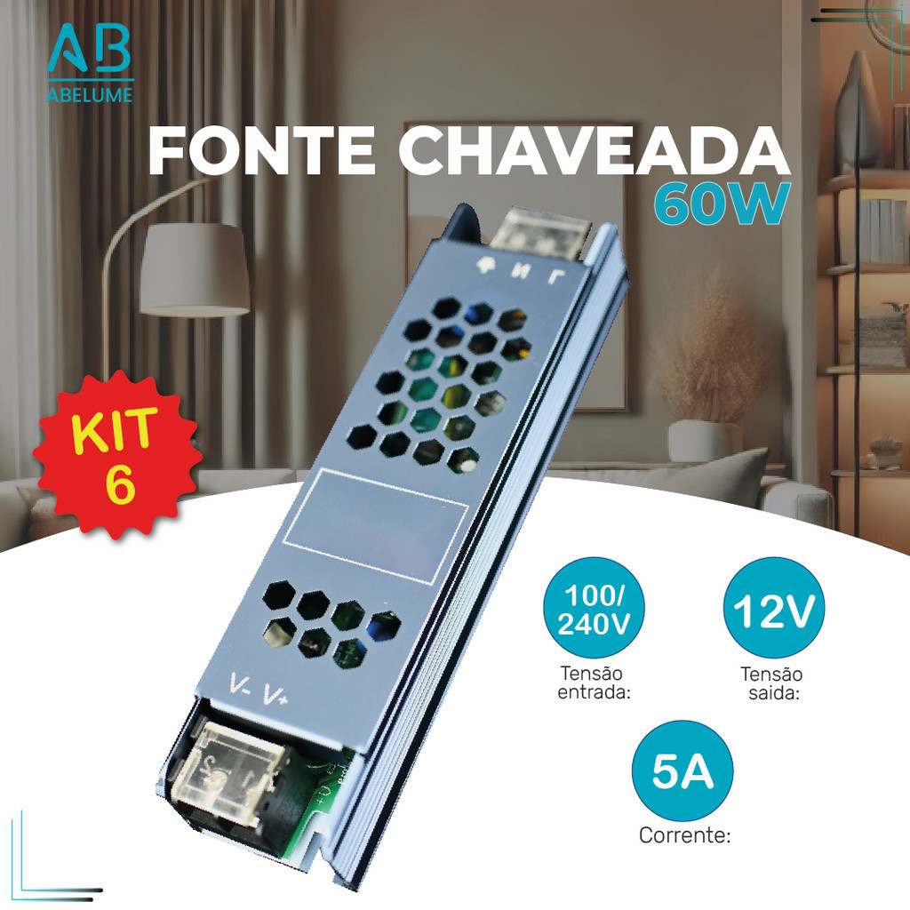 Kit 6 Fonte Chaveada 5A 12V 60w P/ Cftv Fita Led Bivolt 110V-220V em Oferta na Shopee
