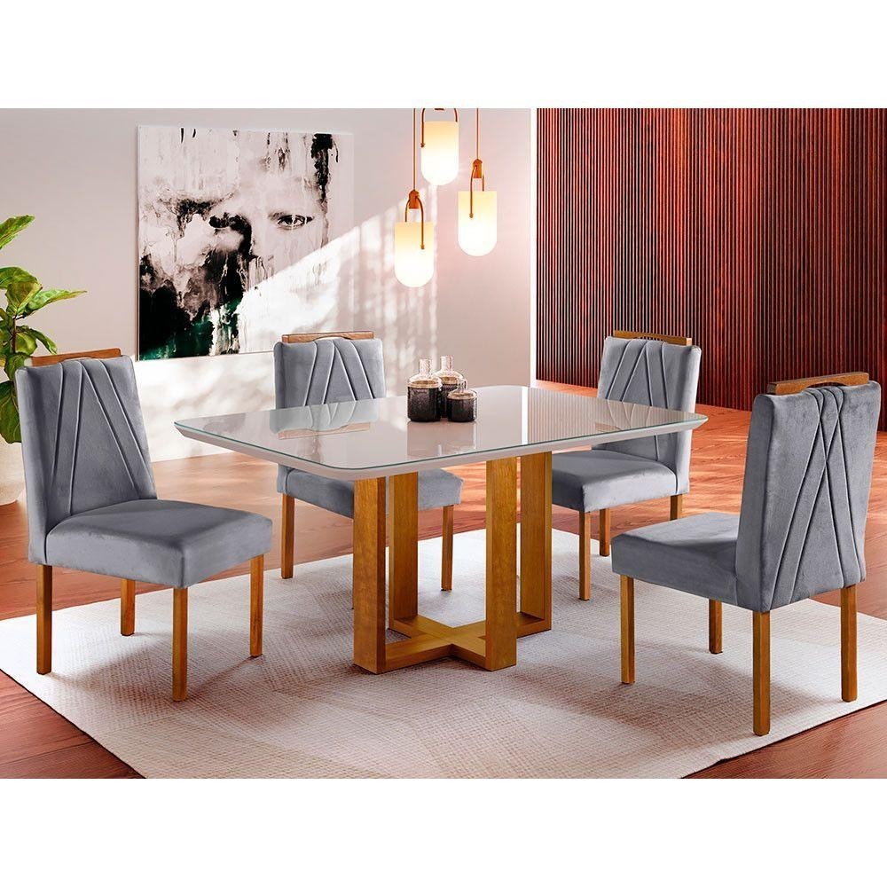 Conjunto Sala De Jantar Mesa Tampo De Vidro 4 Cadeiras Lisboa Mundial Móveis Mel/Cinza Mel/Cinza em Oferta na Shopee