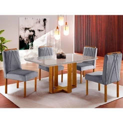 Conjunto Sala De Jantar Mesa Tampo De Vidro 4 Cadeiras Lisboa Mundial Móveis Mel/Cinza Mel/Cinza