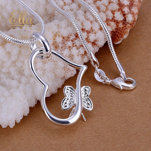 Jóias Femininas 925 Sterling Silver Hollow Heart Butterfly Pendant Necklace