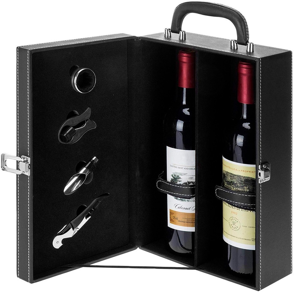 Maleta Porta  Vinho  Duas Garrafas Com Aces Couro Pu-Preta