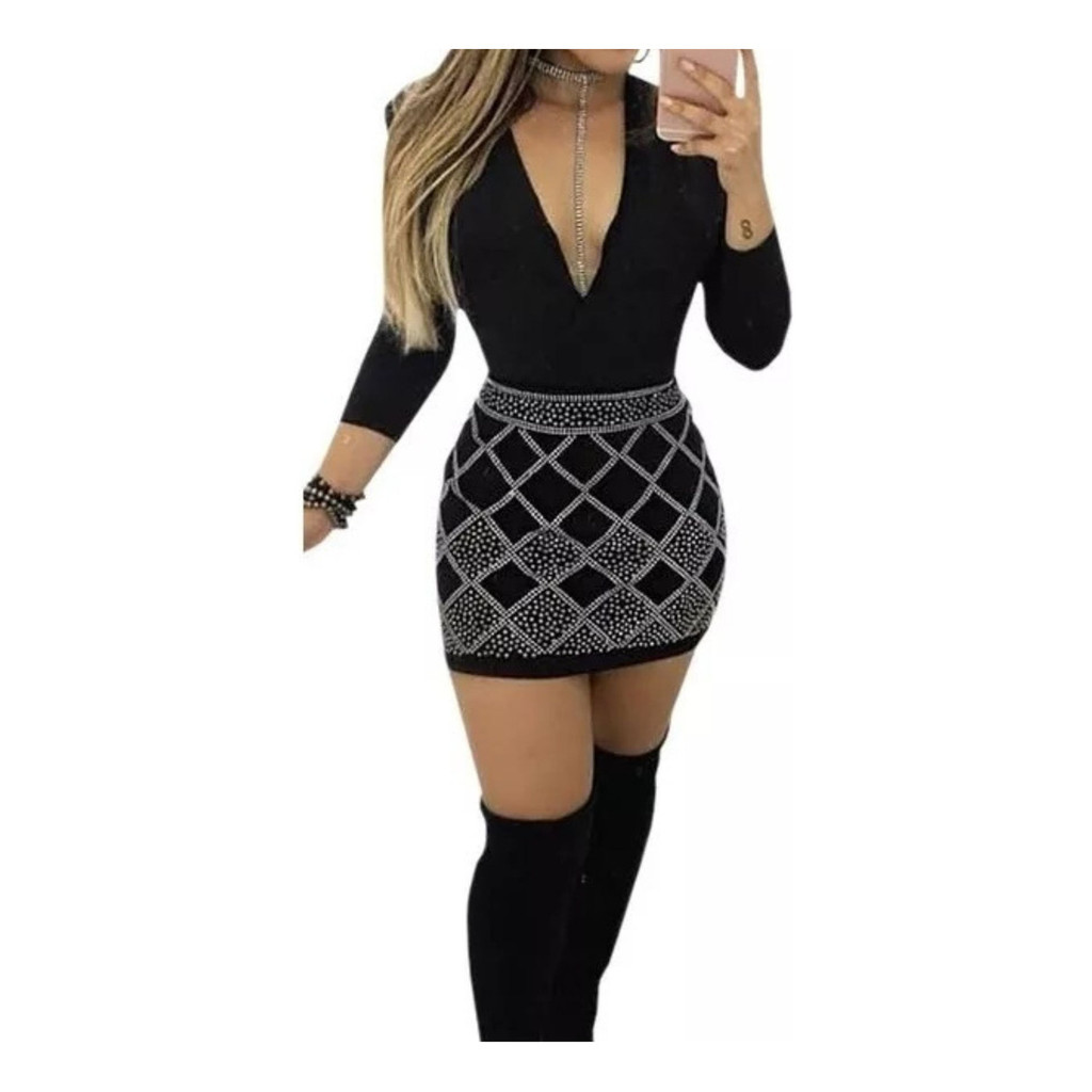Conjunto Saia E Body Feminino Pedraria Manga Longa SAIA BRILHOSA