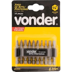 Jogo Bits Ponteiras 1/4" com 10 peças Cromo Vanádio Vonder