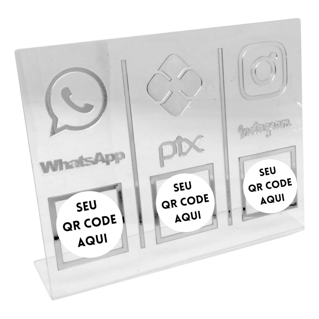 Placa Display Pagamento Acrílico Cristal Qr Code Pix Whatsapp Instagram QRCode Balcão