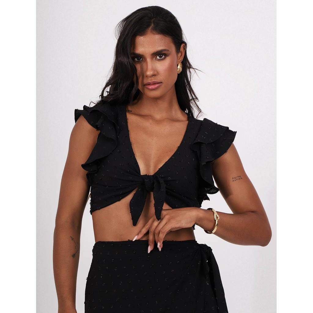 Blusa Creponada Cropped Preta Pequiá - Women Clothes