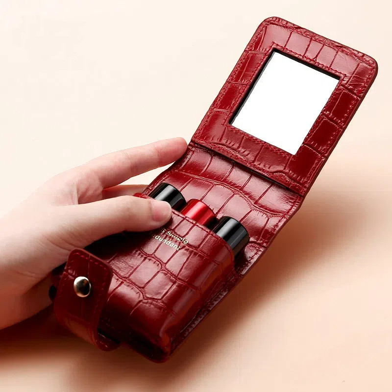 Estojo De Batom De Couro PU Com Espelho , Mini Bolsa Cosmética De Maquiagem Externa Portátil Pequena Viagem Fecho De Pressão Curto Para Suporte De Bálsamo Labial Mulheres