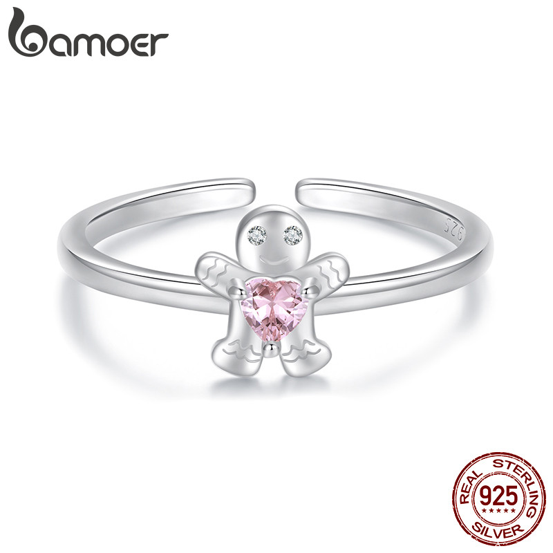 Bamoer 925 Sterling Sliver Anel Aberto Natal Gingerbread Man Moda Joias Presentes Para Mulheres