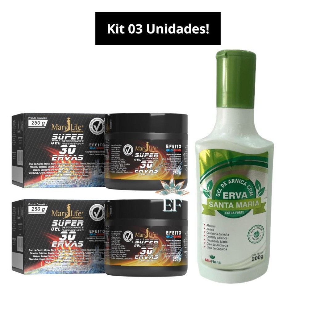 Kit 3 Unidades ( 2 SUPER GEL 30 Ervas 250g MARY LIFE + 1 Gel de Arnica Com Erva Santa Maria 200g Mix Flora) em Oferta na Shopee
