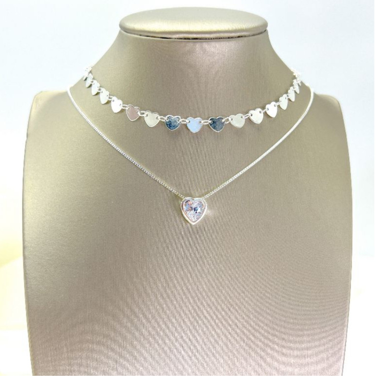 colar corrente feminina Ponto de Luz coração prata 925 + Gargatilha Choker de Coração prata 925