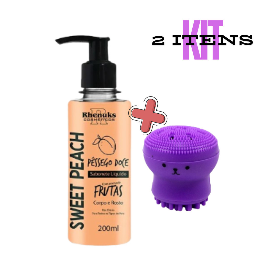 Kit Sabonete Líquido Corpo e rosto Pêssego Doce + 1 Esponja Limpeza Para Rosto Polvo Esfoliante