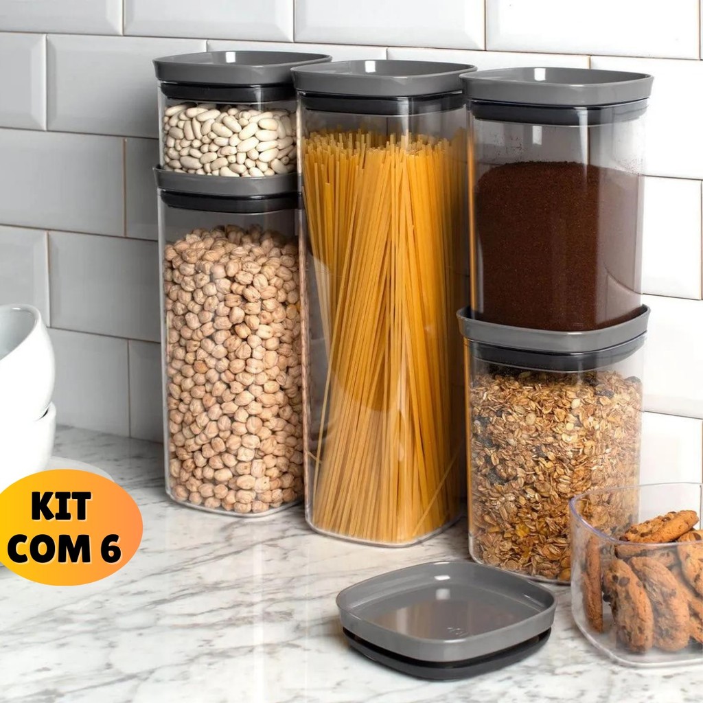 6 Potes Herméticos em Acrílico Cristal para Cozinha e Design Empilhável Organizador para M...