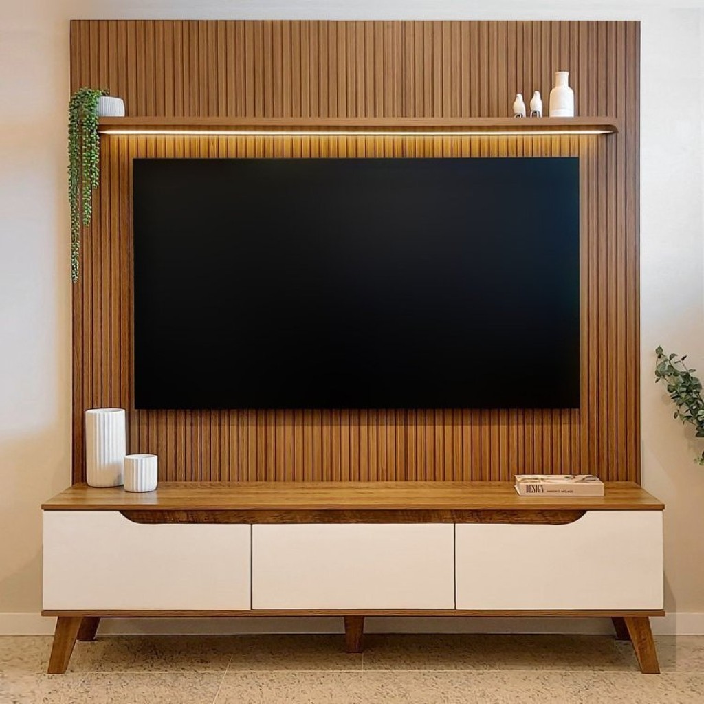 Rack com Painel para TV até 75 Polegadas com LED Impressão Ripada 3D Liverpool Pinho/Off W...