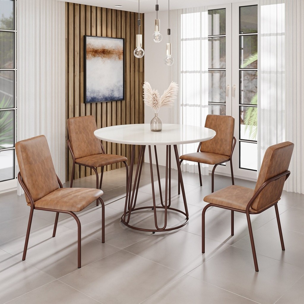 Conjunto Sala de Jantar Mesa Redonda 100cm Base Omega Tampo Mdf Laca com Vidro Malibu Marrom