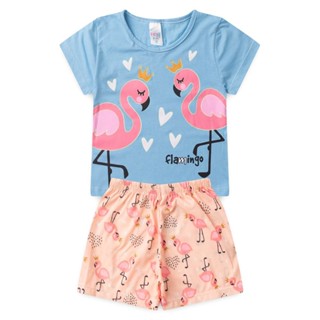 Pijama BRILHA NO ESCURO Infantil Menina Verão Flamingo - Hey Kids