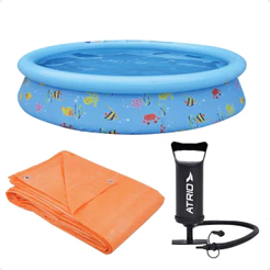 Kit Piscina Inflável Infantil 1.000L Estampa Divertida PVC 1,68 M x 51 cm + Bomba de Ar + Lona 3x3