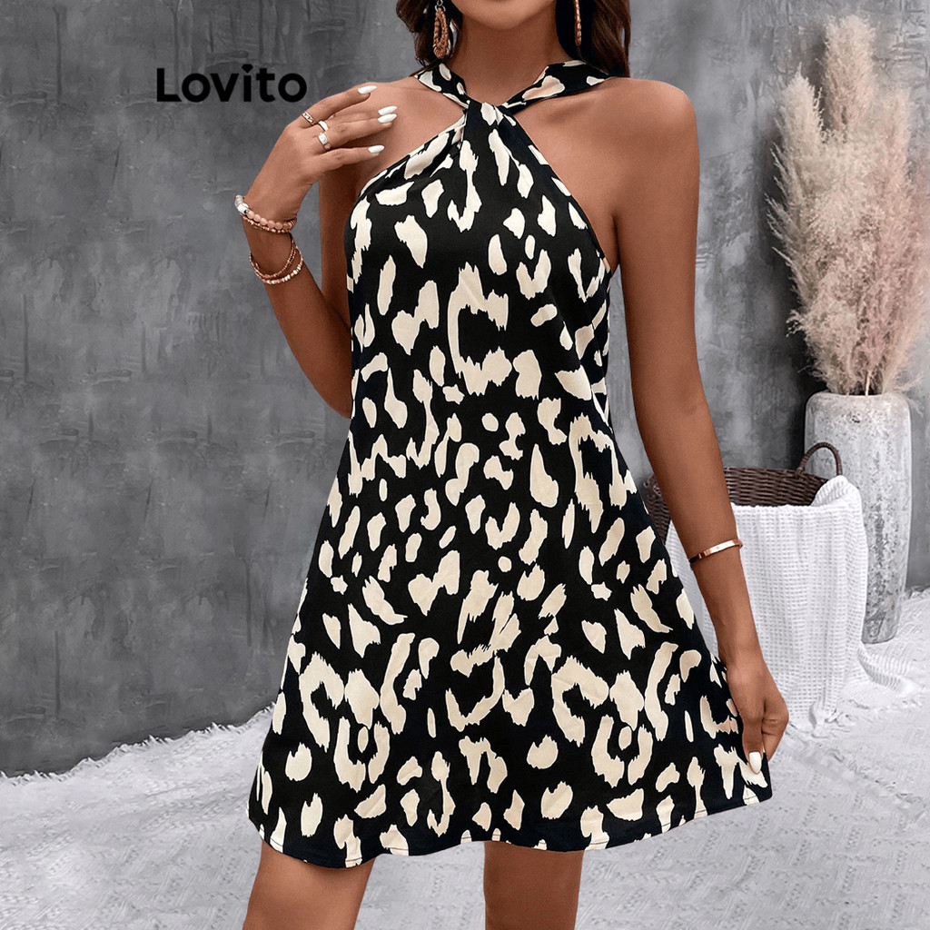 Lovito Vestido casual de leopardo com contraste e fita jacquard com costura em tecido para mulheres LBL17714 - Women Clothes