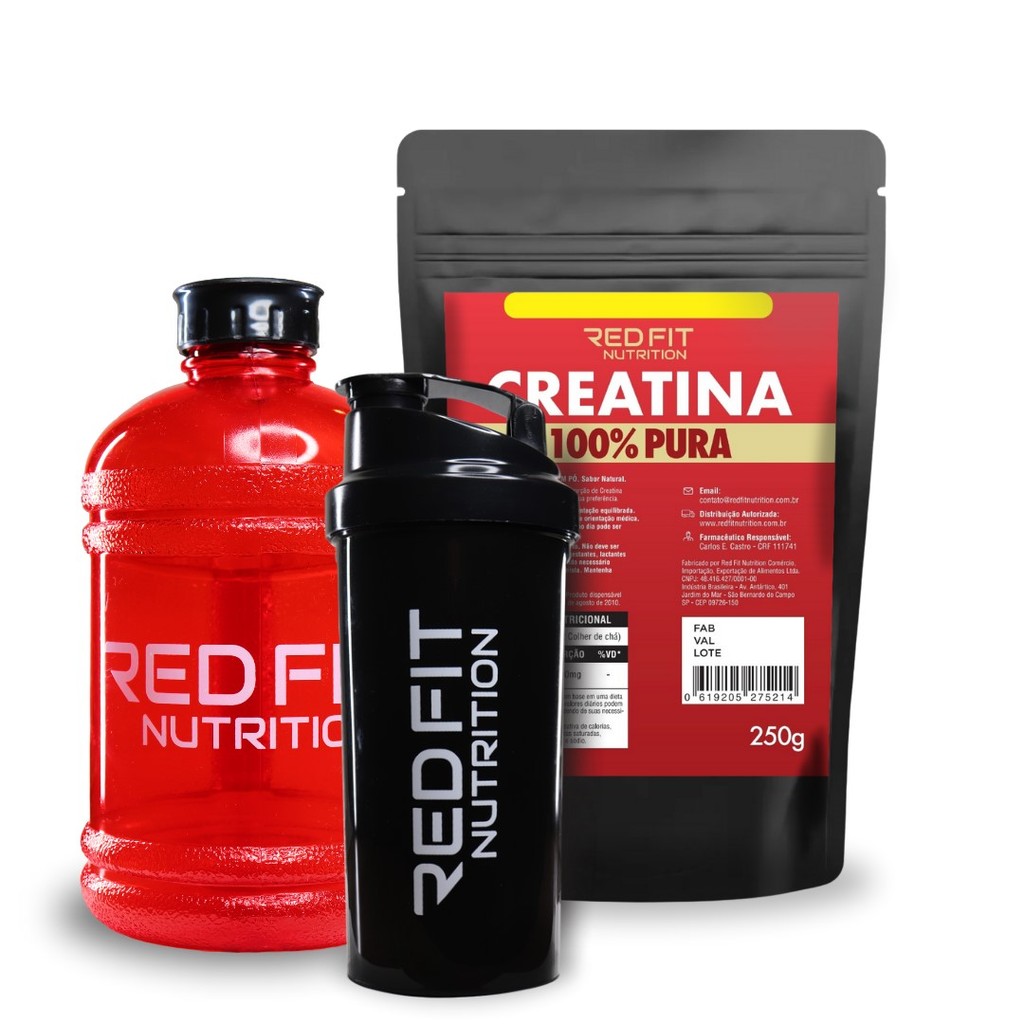 Creatina Monohidratada 250g Shaker Black 600ml Gallon Red 1,8L - 100% Pura Matéria-Prima Importada - Red Fit Nutrition