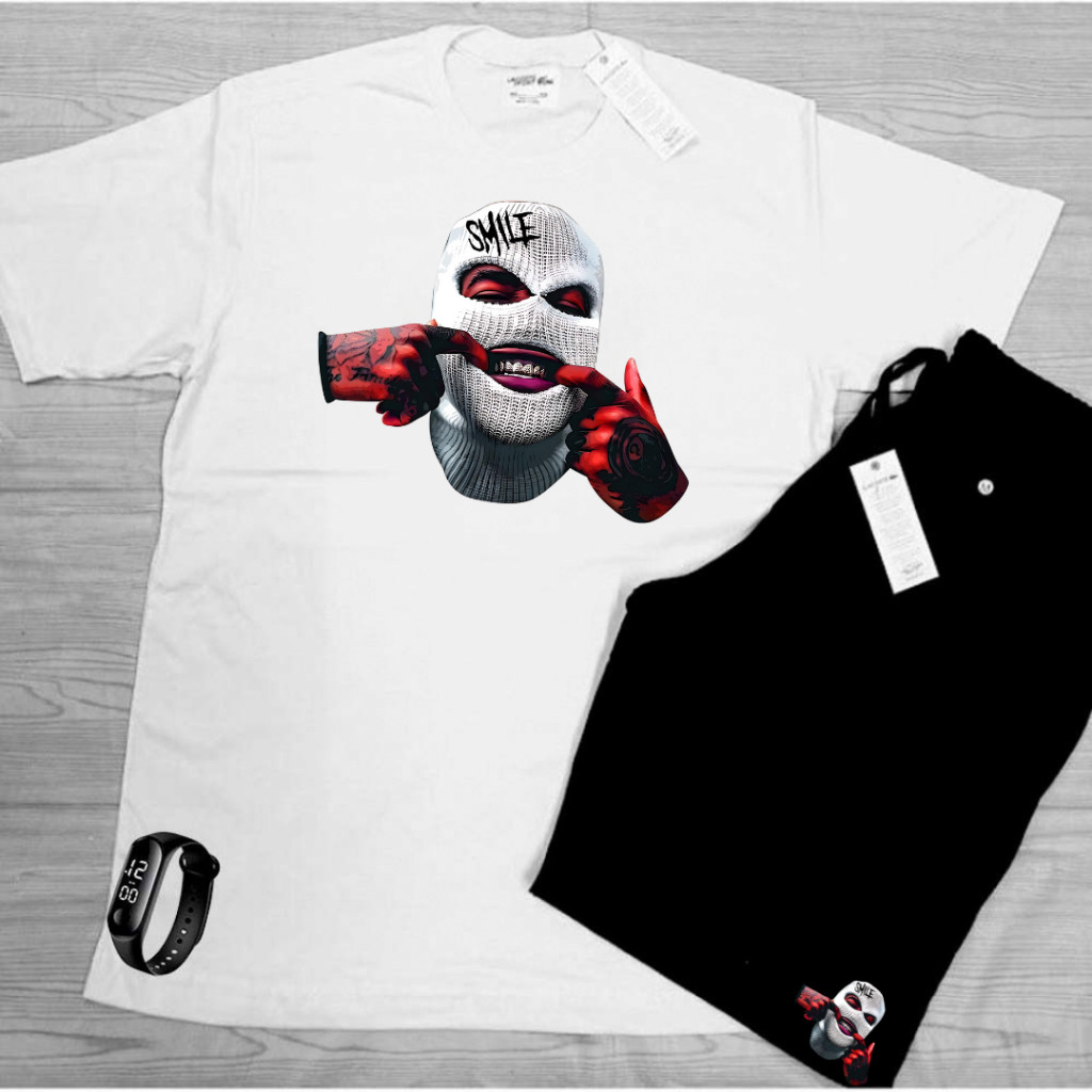 Conjunto Kit camiseta 100% algodão 30,1 bermuda leve para caminhada e academia GANGSTER ENCAPUZADO + RELOGIO DIGITAL