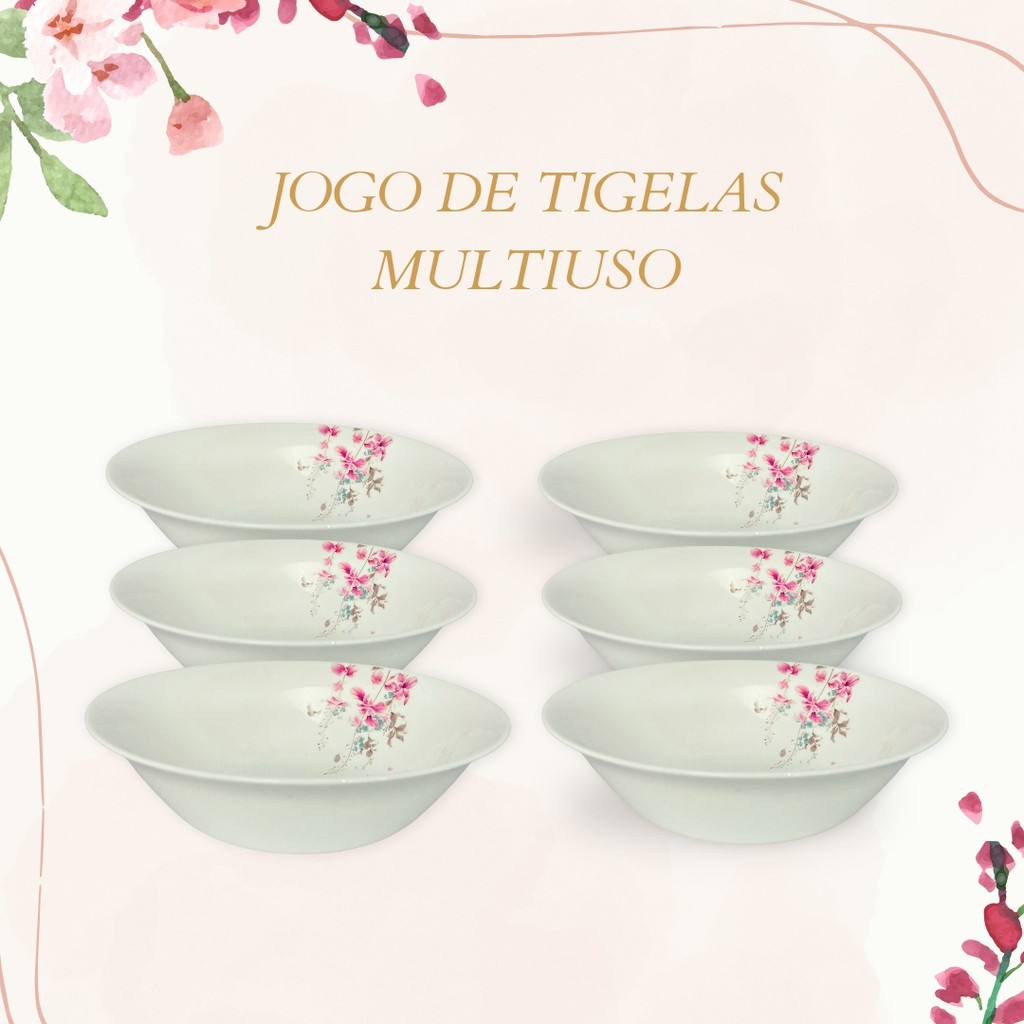 Jogo De Tigelas De Vidro 500ML Tamanho 16cm Cumbuca Saladeira Sobremesa 6 ou 12 Peças Designe Floral