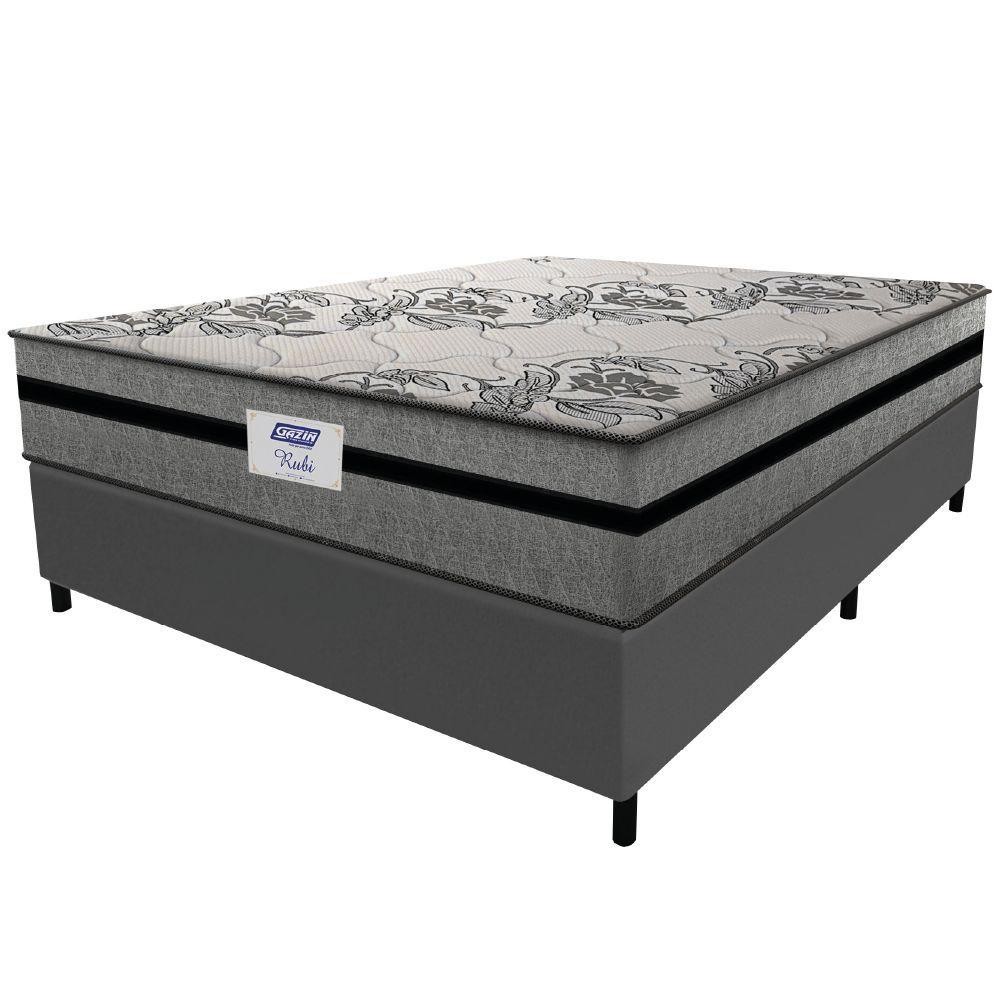 Cama Box Casal Colchão Gazin Com Molas Ensacadas Rubi 138x188x70cm Suede Cinza/preto Cinza