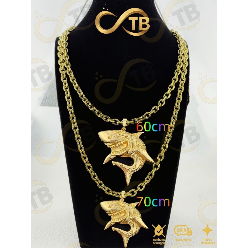 TB Colar Moda corrente 4mm-7mm Folheado banhado a ouro 18k.Pingente Tubarão Dourado Símbolo de Força