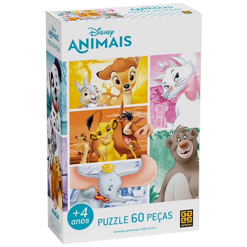 QUEBRA CABEÇA DISNEY ANIMAIS 60 PEÇAS GROW REI LEÃO MARIE DUMBO BAMBI 101 DALMATAS CAT CACHORRO URSO em Oferta na Shopee