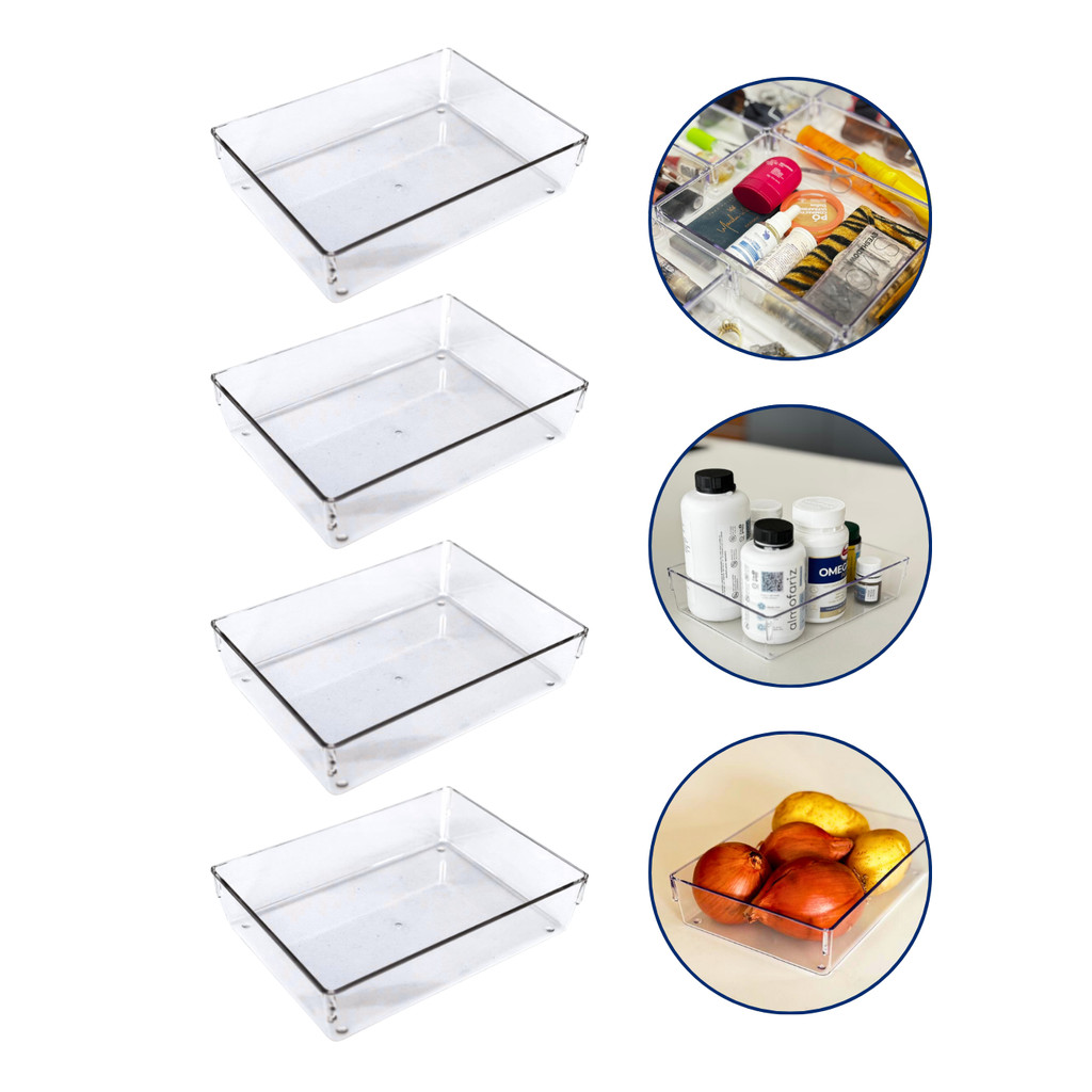 Kit 4 Organizador Grande Gavetas Multiuso Acrílico Transparente Empilhável 23x17x5,5Cm Cozinha Geladeira
