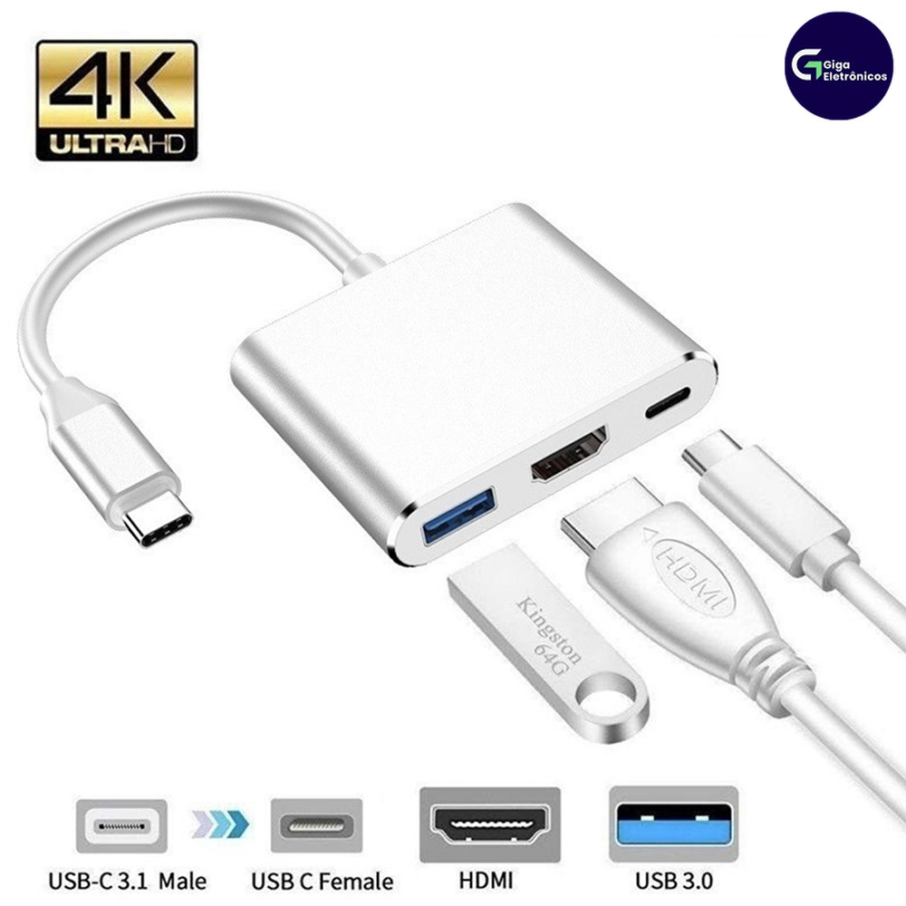 Tipo-C 3 Em 1 Hub Para HDMI E USB 3.0 , Conversor 4K De Adaptador De Alumínio