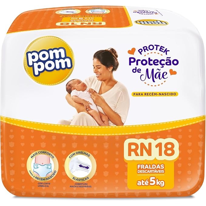 Fralda Pom Pom Protek Proteção de Mãe Jumbo RN 18 Unidades