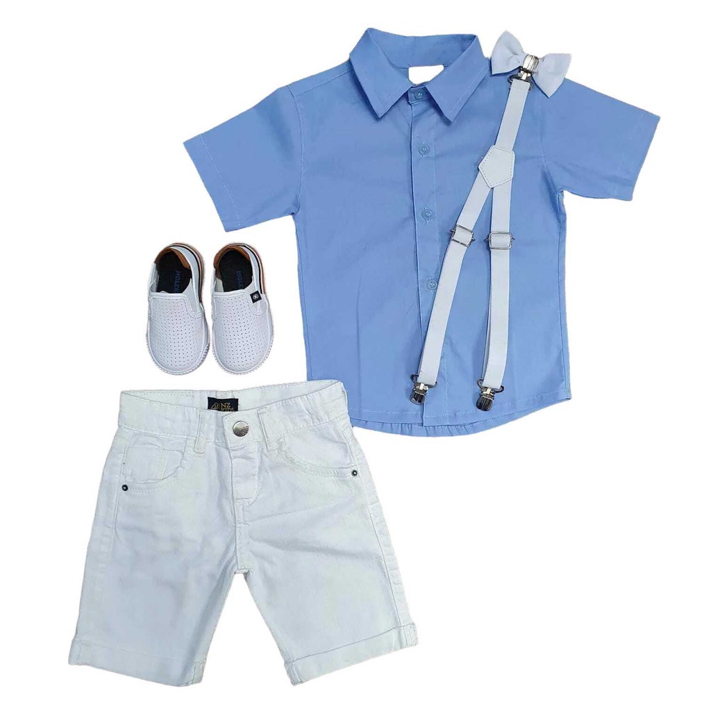 Conjunto Roupa Social Camisa Azul Bermuda Branca Infantil Batizado Formatura Festa Casamento Pajem