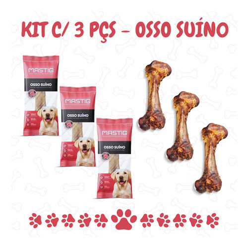 Kit c/ 3 pçs de Osso Suíno P/ Cães Petisco Orgânico Mordedor Natural - Fêmur de Porco