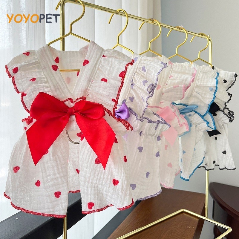 Verão Cão Vestido De Refrigeração Fino Arco Coração Impressão Roupas Para Cães Saia Animais De Estimação Gatinho Filhote