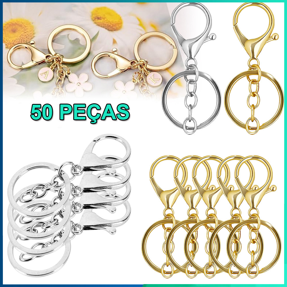 50 peças de Argola de Chaveiro 30MM com mosquetão dourado ou níquel em Oferta na Shopee
