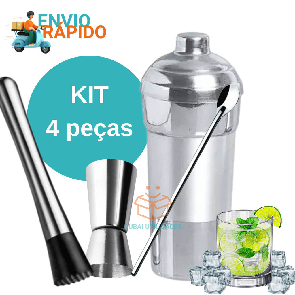 Kit Combo Bar 4 Peças Coqueteleira Alumínio socador dosador duplo e colher de suco  para Bares Restaurantes