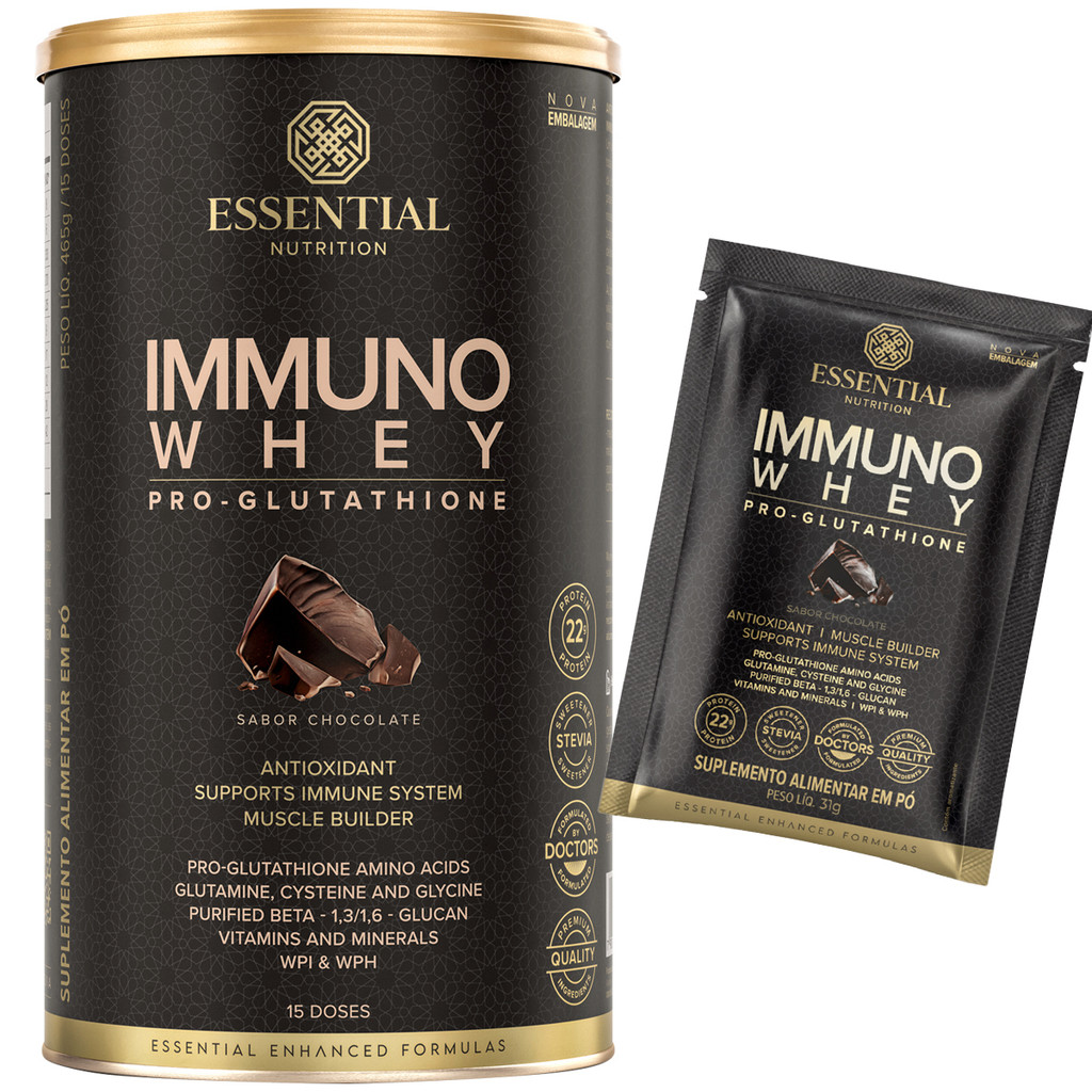 Immuno Whey Pro-Glutathione Chocolate Essential Nutrition 465g Ganhe Brinde