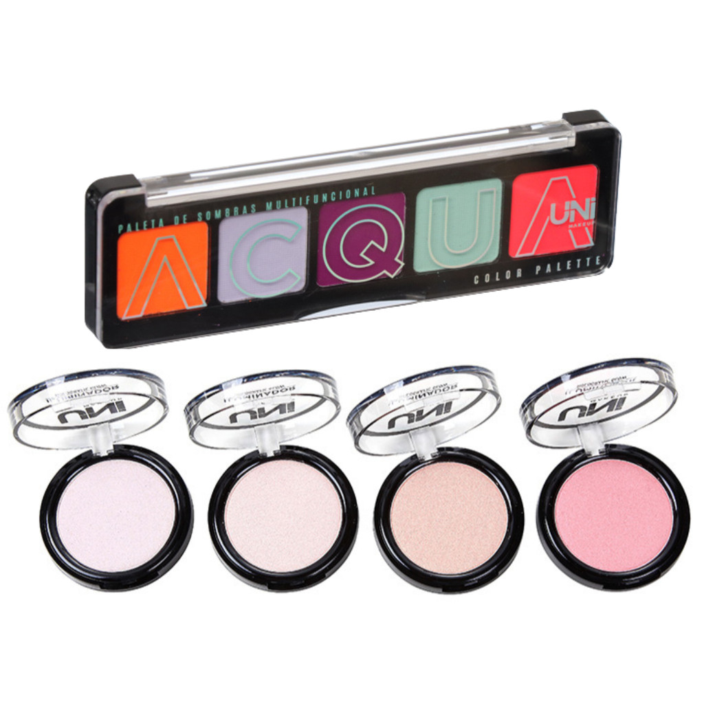 Kit de Maquiagem Paleta de Sombras Acqua Color + Iluminador Facial Efeito Intenso UNImakeup