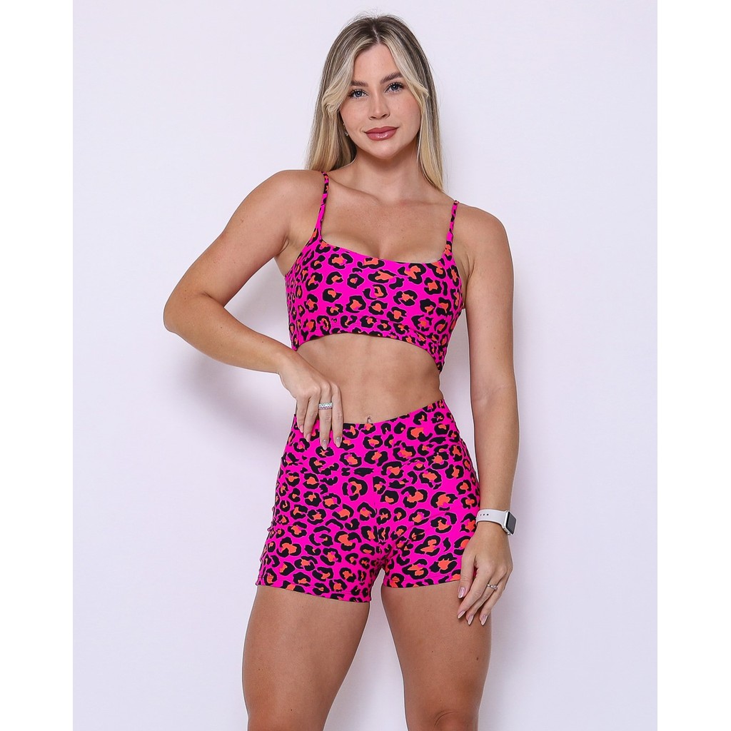 Conjunto Short Básico Curtinho Onça Pantanal Rosa + Top Bruna