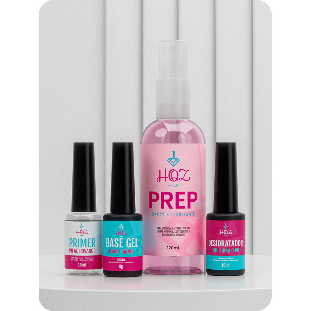Kit preparadores hqz nails prep 120ml + desidratador + primer ph +base em gel 9g hqz nails