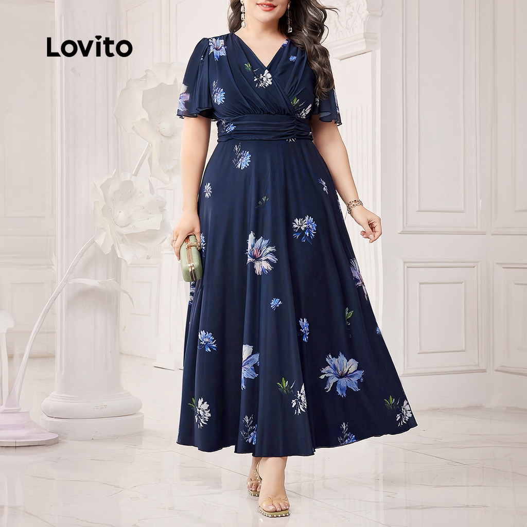 (Trendy) Lovito Vestido Plus Size curva elegante Ditsy Floral padrão franzido para mulheres LBL23549 em Oferta na Shopee