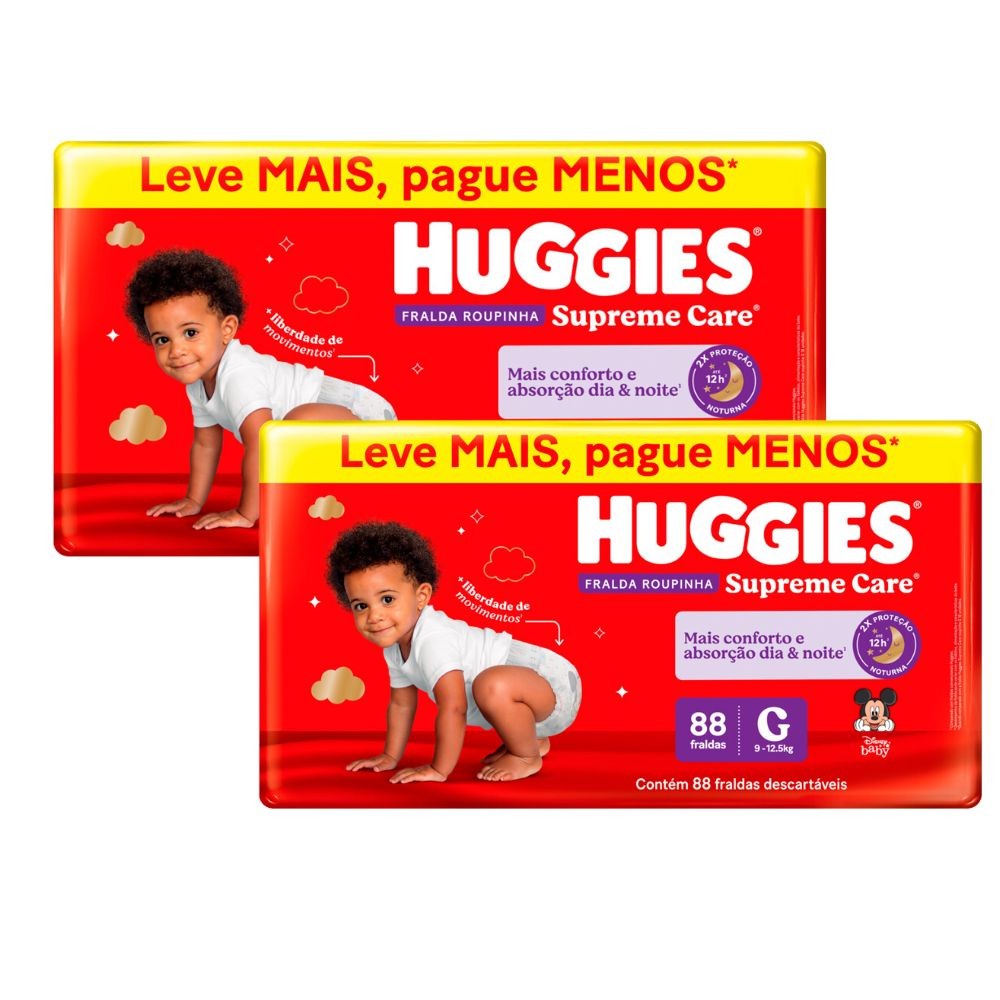 Kit 2 Fralda Roupinha Huggies Supreme Care Tamanho G 88 Unidades Descartáveis - Mom & Baby