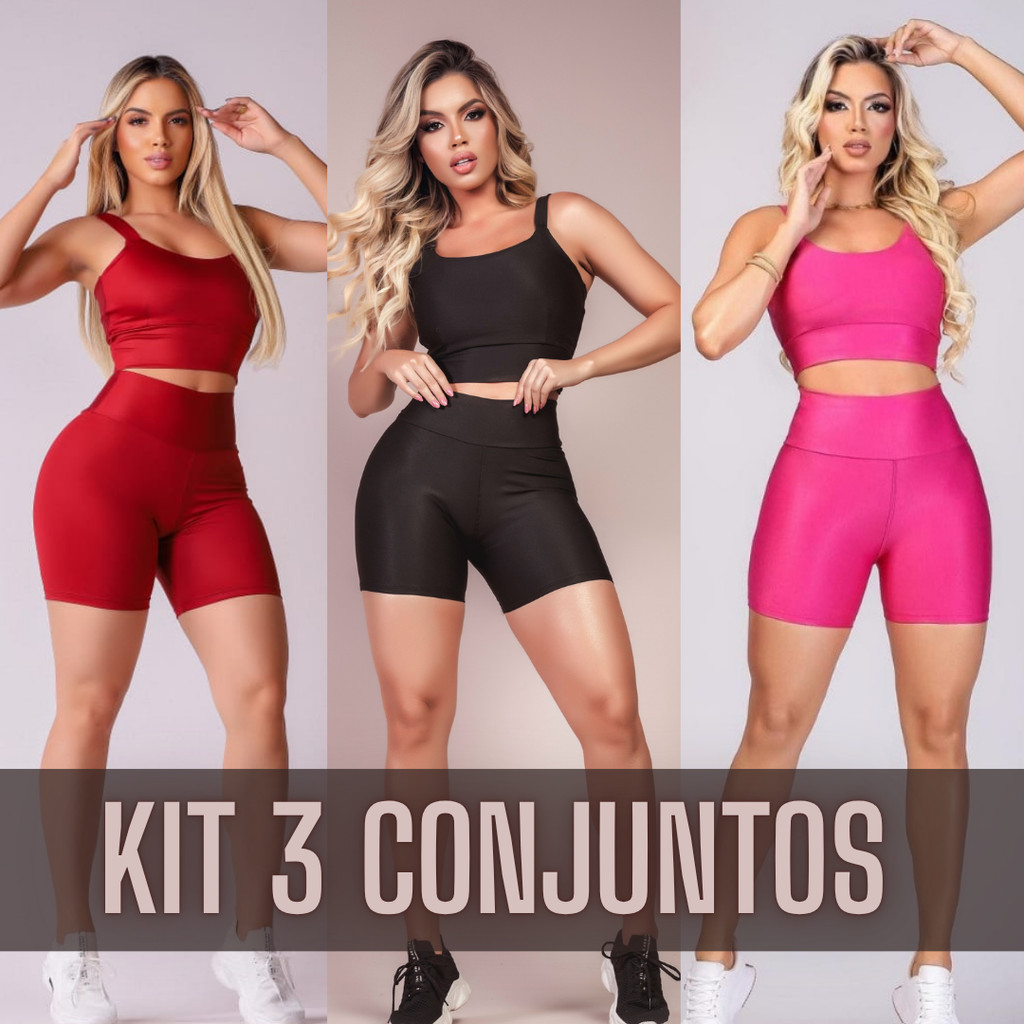 KIT 3 CONJUNTOS FINTESS FEMININO CROPPED E SHORT - CONJUNTO ACADEMIA CINTURA ALTA em Oferta na Shopee