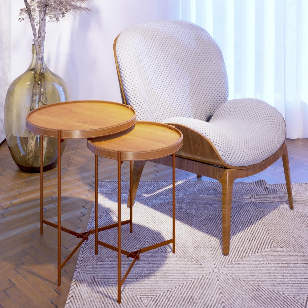 Conjunto Mesa Lateral Aqua Imcal Nature Cobre Redonda Sala em Oferta na Shopee