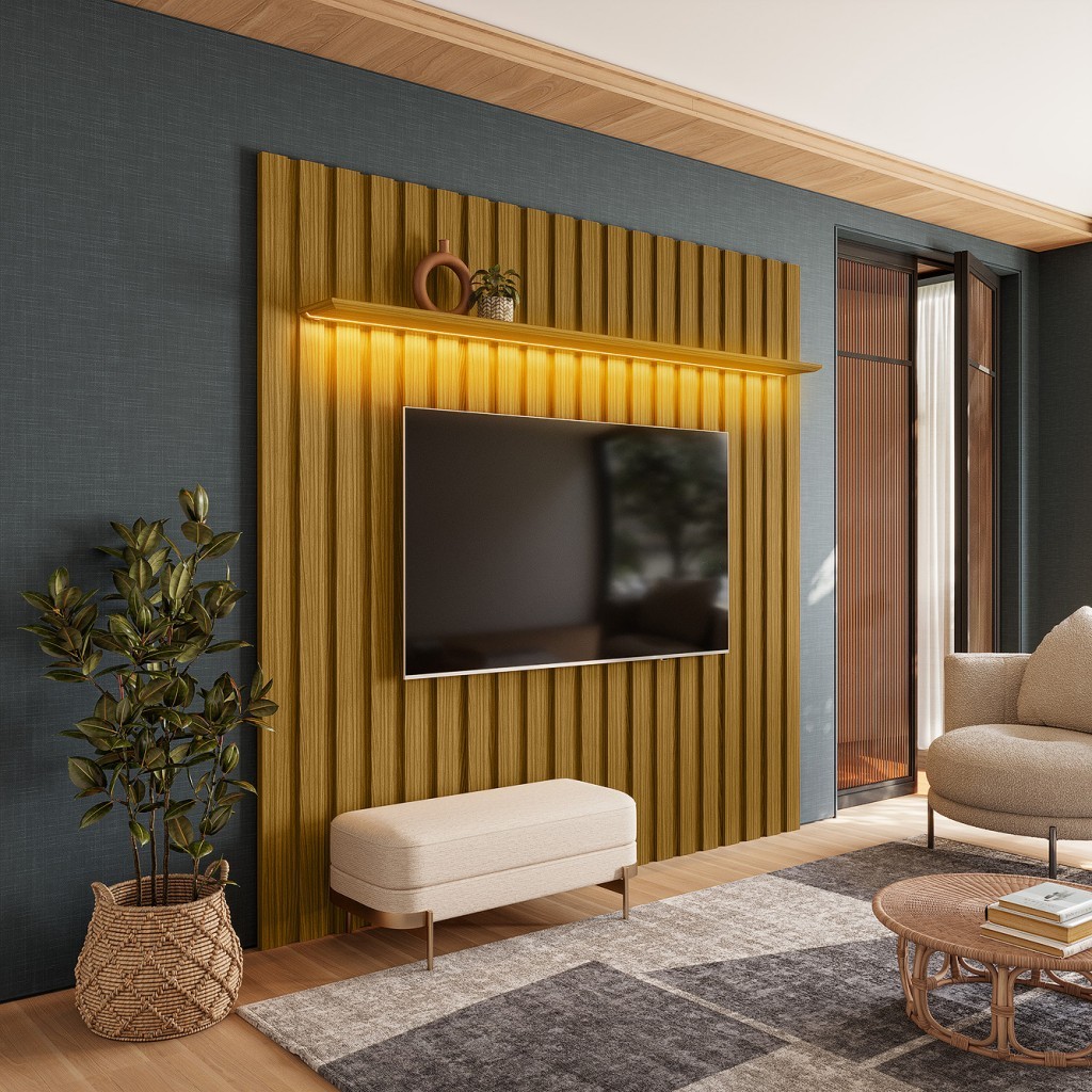 Painel Ripado Com LED 177x218 p/ TV 70 Polegadas London Cedro - Olivar Móveis em Oferta na Shopee