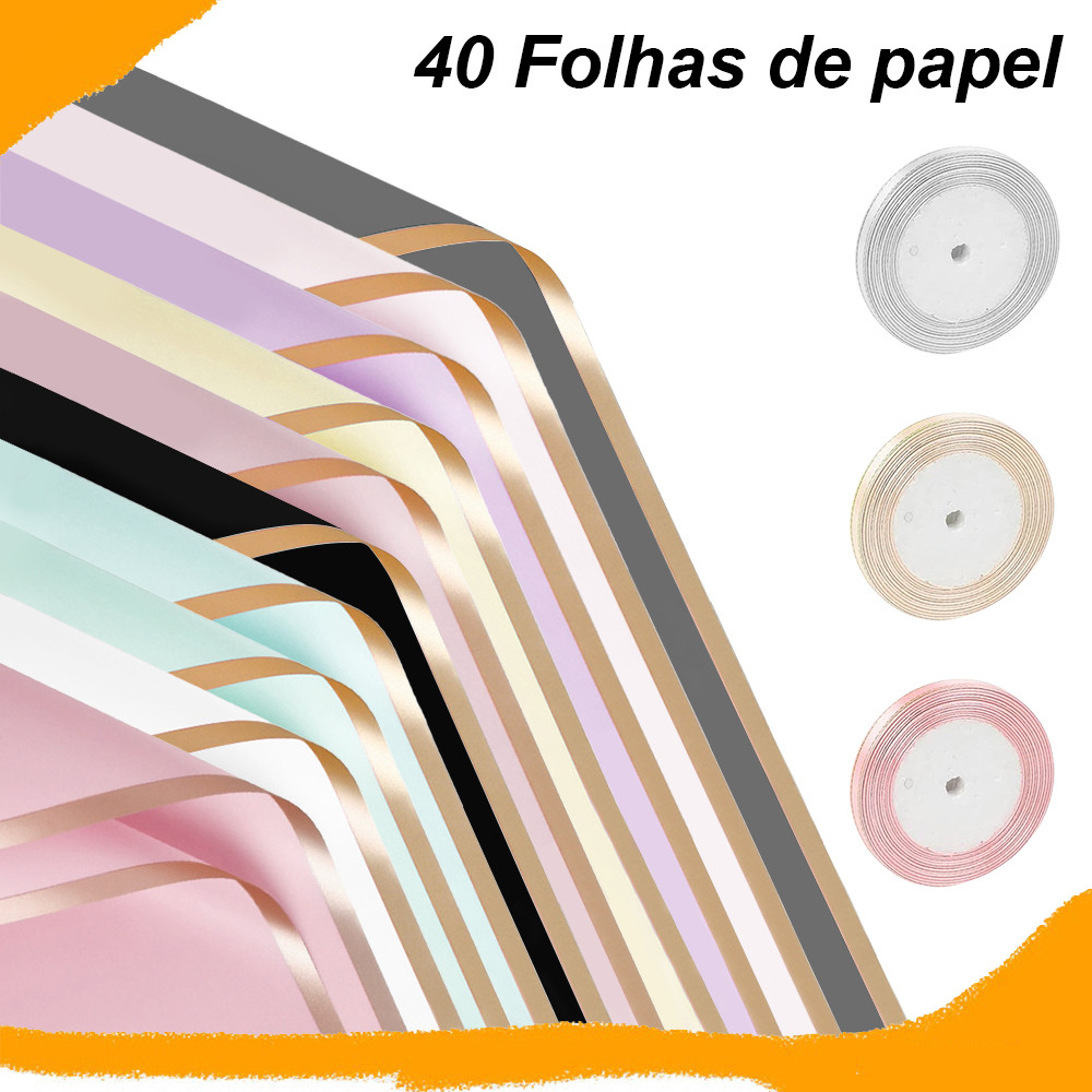 Papel de Embrulho para Flores, 40 peças, colorido borda dourada, À Prova D'água, para Buquês, 56x56 cm + 3 rolos de fita em Oferta na Shopee