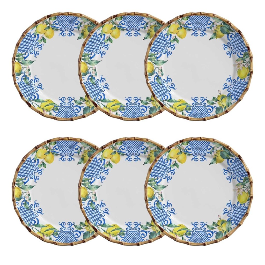 Conjunto 6 Pratos Raso Refeição Jantar Estampado Limão Limoncello Branco Borda Bambu Maison Blanche