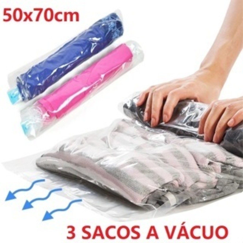 KIT 3 Saco 50x70CM Organizador Vácuo Viagem Roupa Cobertor Closet Mala Protetor Com Zíper Desinflar