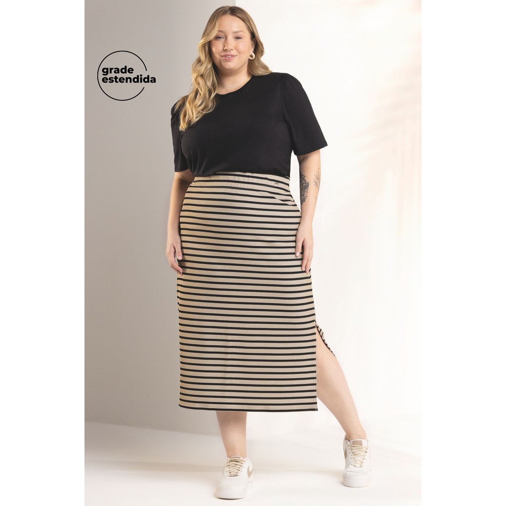 Saia Midi Listrada Marialícia Bege - Women Clothes