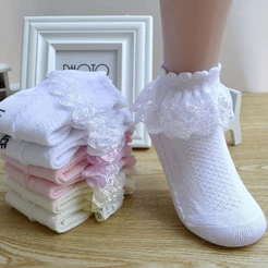 Meia Babado Infantil Cano Curto Babado de Renda Batizado Festa de Aniversário Branca Azul Rosa