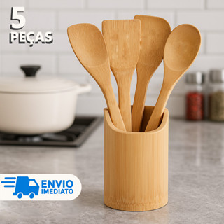Kit 5 Utensilio de Cozinha de Bambu Colher De Pau (4 talheres + suporte) Casa Colheres Madeira em Oferta na Shopee